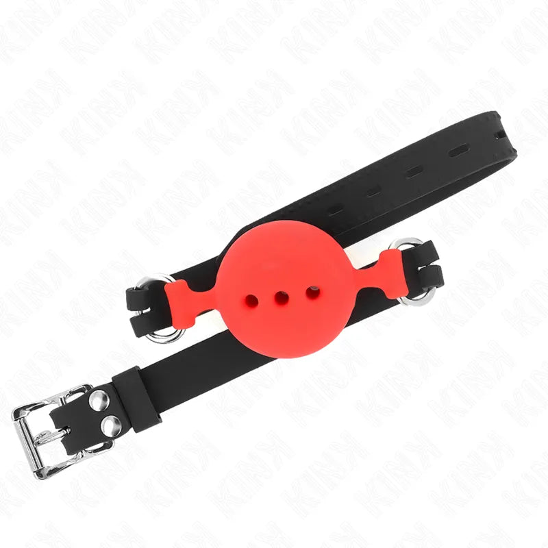Gag BDSM en silicone rouge avec sangles noires réglables, design ergonomique et discret, idéal pour sessions sécurisées.