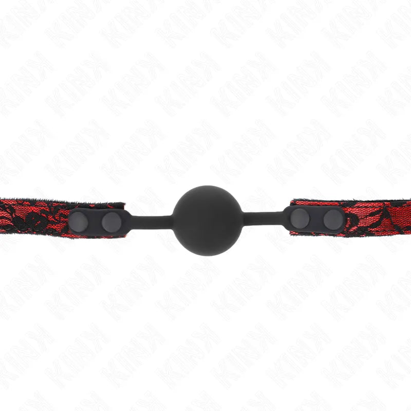 Gag BDSM silicone noir rouge, ergonomique, ajustable, hypoallergénique, avec bretelles confort et sécurité premium.