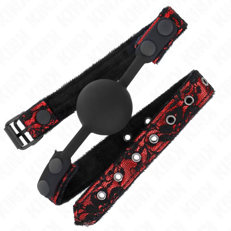 Gag BDSM silicone noir rouge, bretelles ajustables, ergonomique, hypoallergénique, confort premium, sécurité optimale.