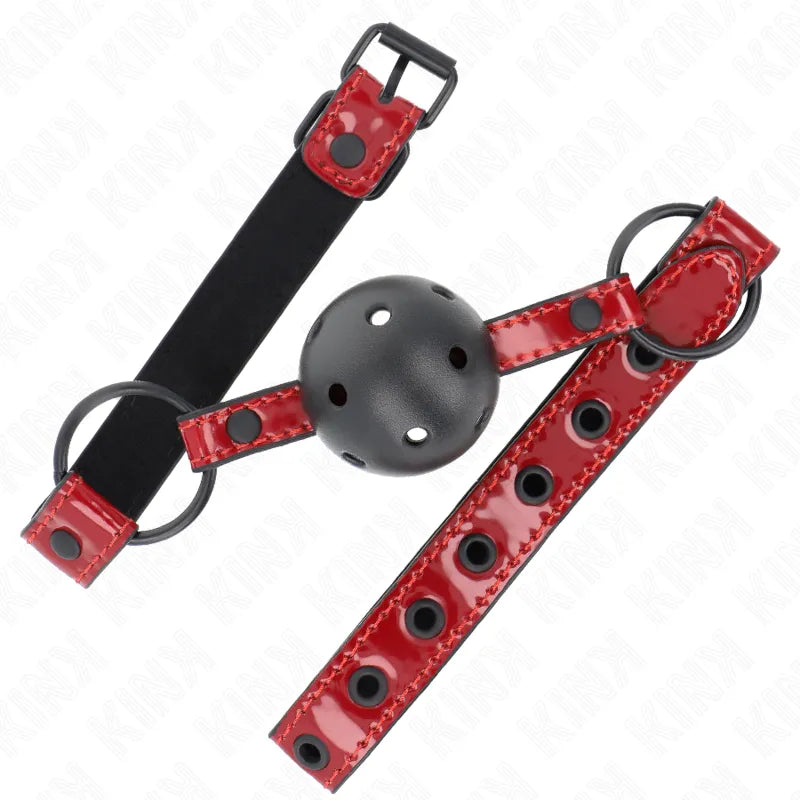 Gag BDSM en silicone noir avec sangle rouge réglable, design ergonomique et hypoallergénique, pour confort et sécurité.