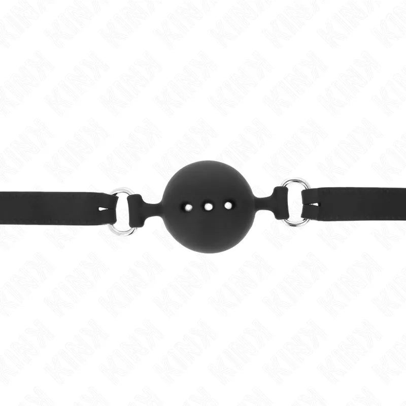 Gag BDSM en silicone noir avec boule perforée, sangles réglables et anneaux métalliques, design ergonomique et hypoallergé...