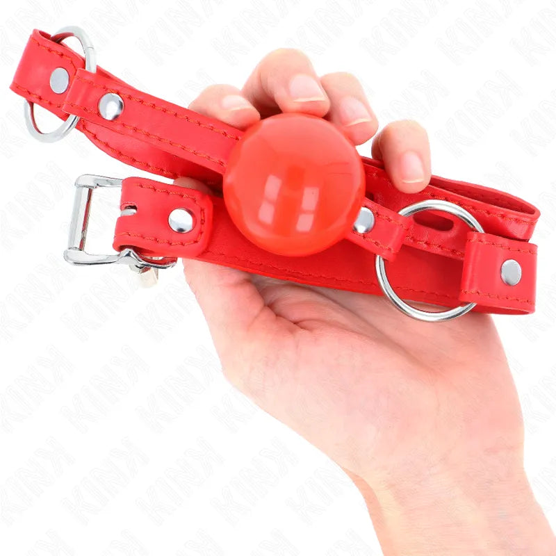 Gag en silicone rouge ajustable avec sangle en cuir, idéal pour BDSM intense, confort et sécurité, matériaux hypoallergéni...