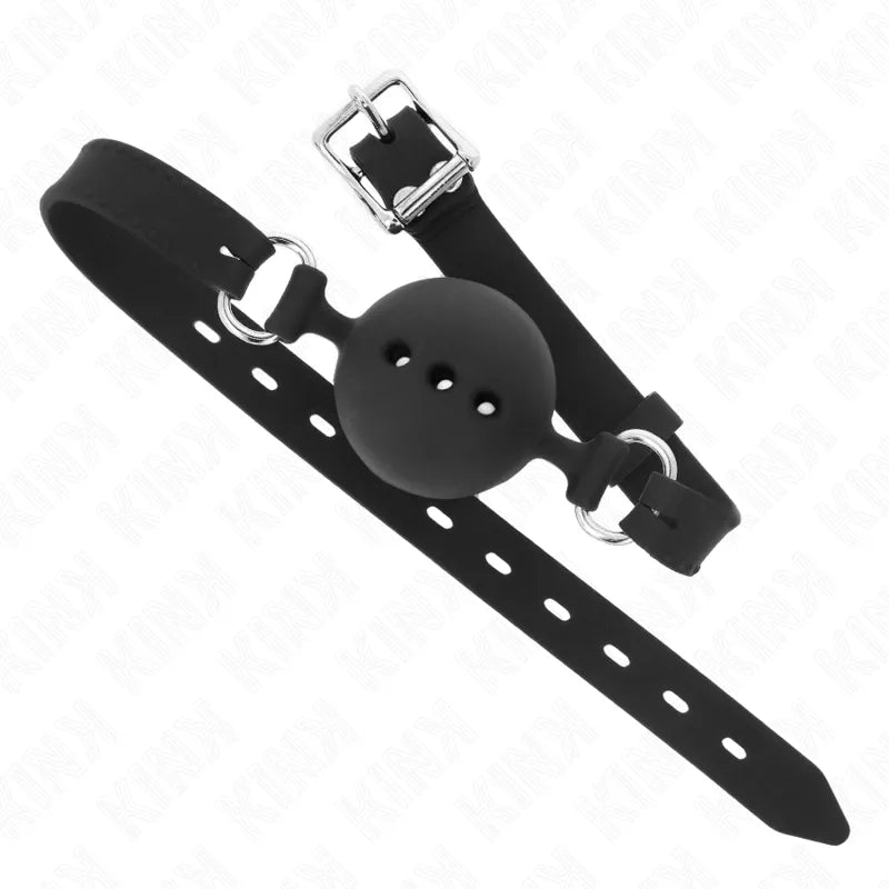 Gag BDSM en silicone noir avec boule perforée, sangle réglable et boucles métalliques, design ergonomique et hypoallergéni...