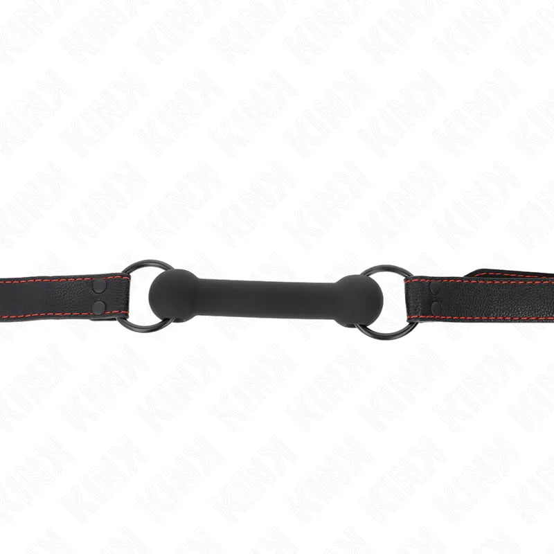 Gag BDSM en silicone noir avec bretelles réglables en cuir, coutures rouges, anneaux métalliques, hypoallergénique et sécu...