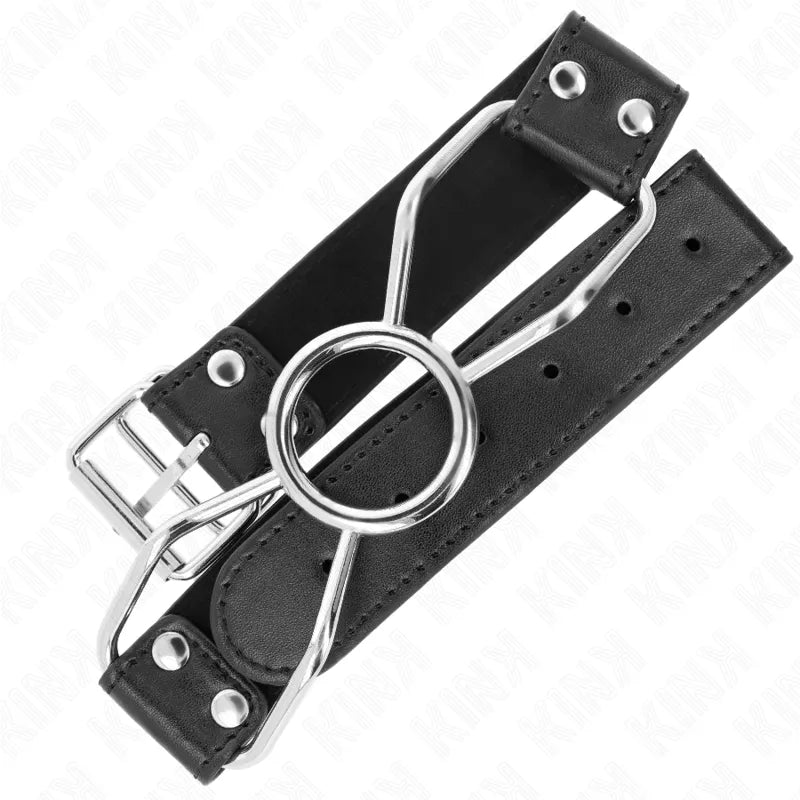 Gag BDSM en silicone noir avec cerceau métallique, réglable, ergonomique et hypoallergénique, pour soumission sécurisée.