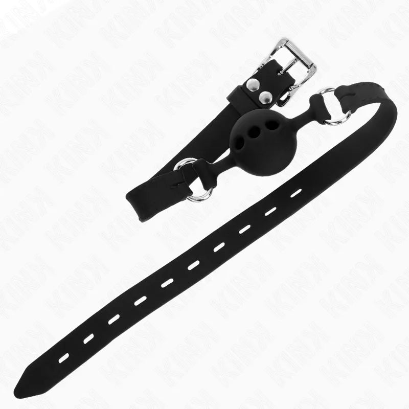 Gag en silicone noir ajustable avec bretelles réglables, ergonomique et discret, idéal pour sessions BDSM confortables.