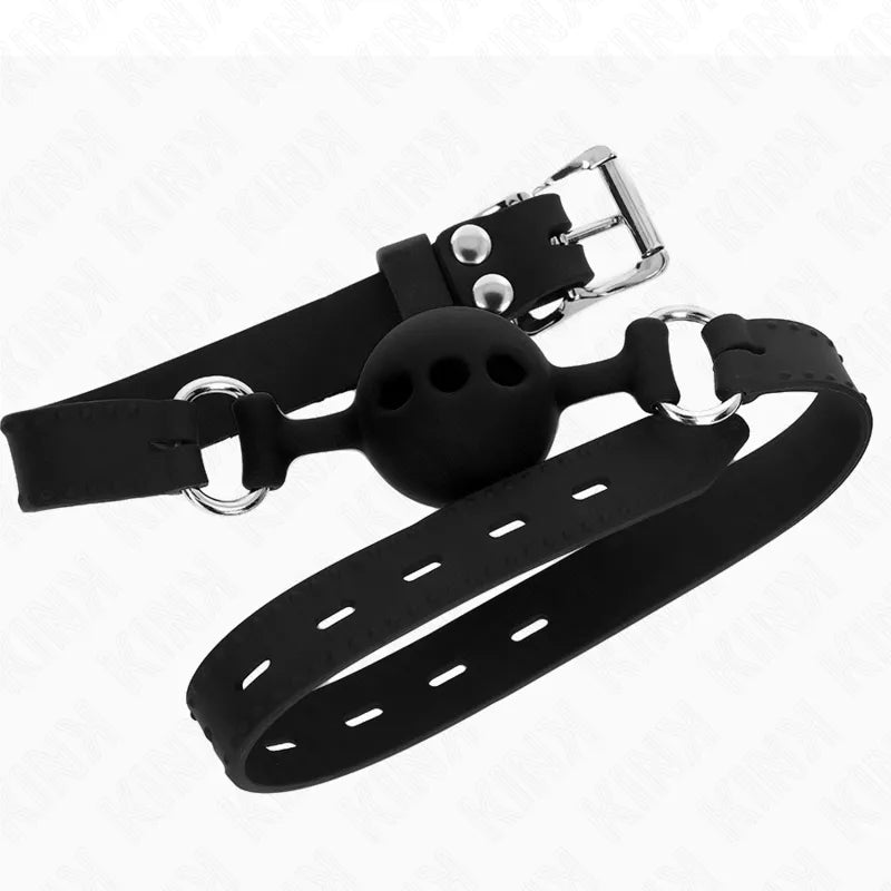 Gag BDSM en silicone noir avec bretelles ajustables et boucle métallique, design ergonomique et discret.