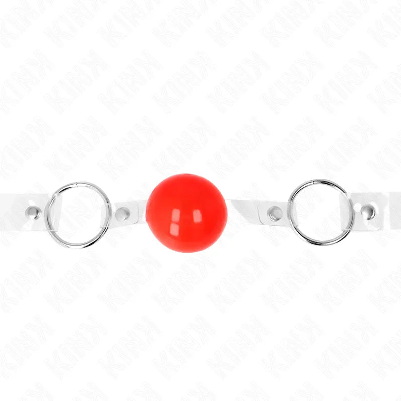 Gag BDSM silicone rouge avec sangles réglables, design ergonomique, sécurité et confort hypoallergénique.