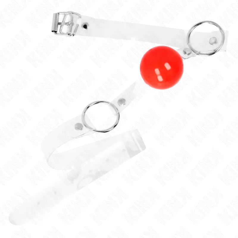 Gag BDSM silicone rouge avec sangles ajustables transparentes, design ergonomique et hypoallergénique pour confort optimal.