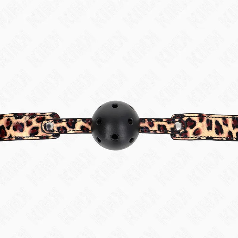 Gag BDSM silicone noir ajustable, sangle léopard, ergonomique, confort débutant, sécurité hypoallergénique.