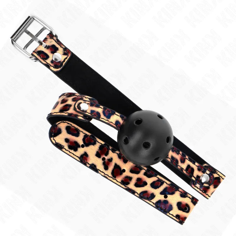 Gag BDSM silicone noir avec sangles réglables léopard, ergonomique et hypoallergénique pour débutants.