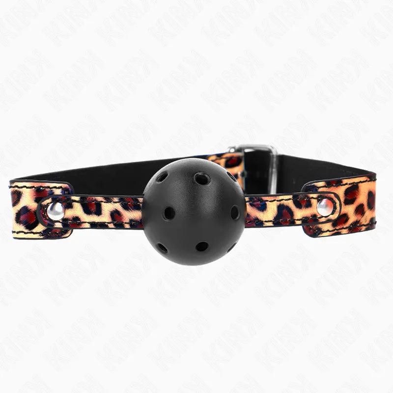 Gag BDSM silicone noir avec sangles réglables motif léopard, ergonomique et hypoallergénique pour débutants.