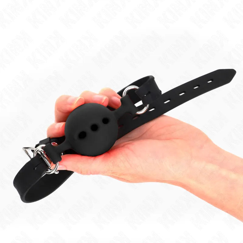 Gag BDSM en silicone noir, ultra doux, avec sangles ajustables, tenu dans une main, design ergonomique et discret.