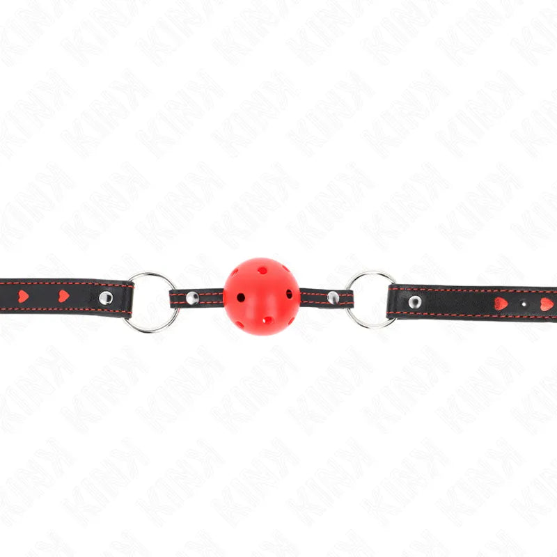 Gag BDSM en silicone rouge avec cerceau noir ajustable, détails ergonomiques et hypoallergéniques pour confort et sécurité.