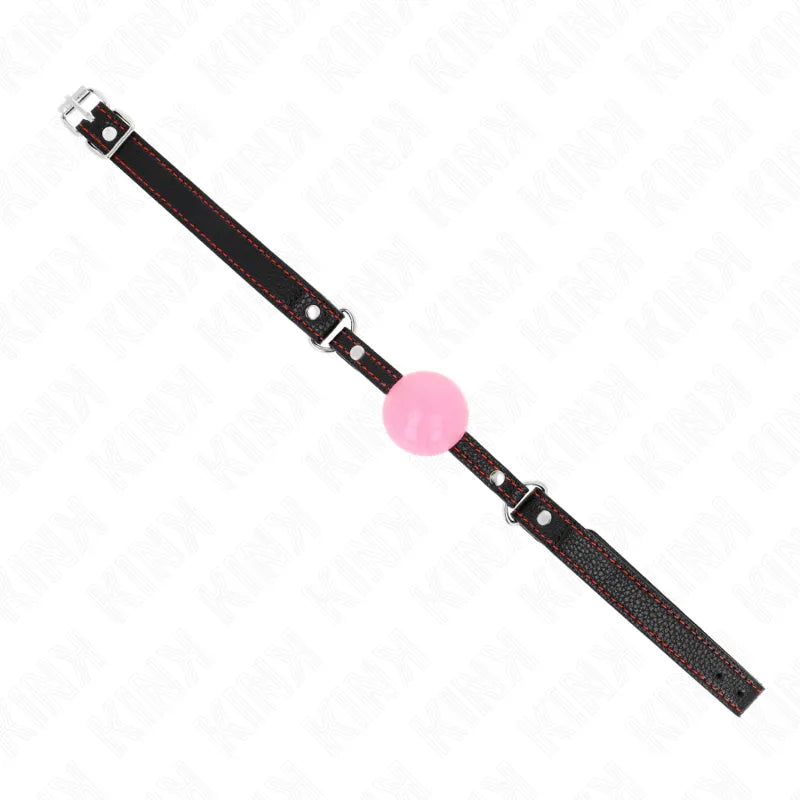 Gag BDSM silicone rose ajustable, design ergonomique, sangle noire avec coutures rouges, boucle métallique sécurisée.