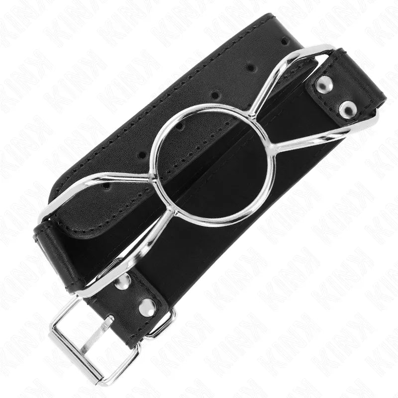 Gag BDSM silicone noir ajustable, boucle métallique, design ergonomique, confort et sécurité, facile à nettoyer.