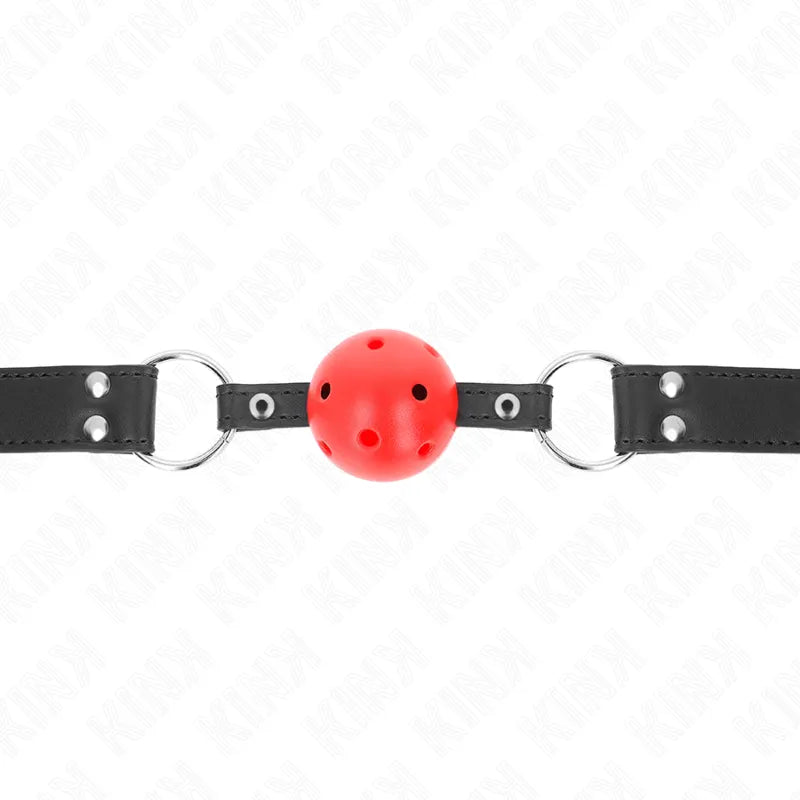 Gag BDSM en silicone rouge avec anneaux noirs, ergonomique et ajustable, idéal pour débutants et expérimentés.