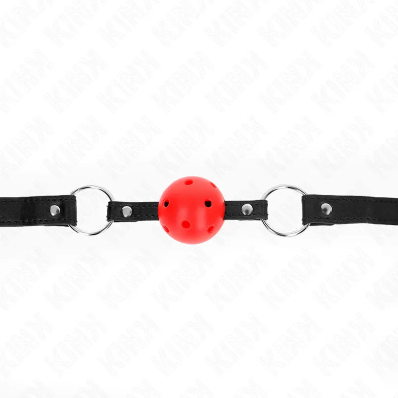 Gag BDSM en silicone rouge avec sangles noires ajustables, anneaux métalliques, design discret et confortable.