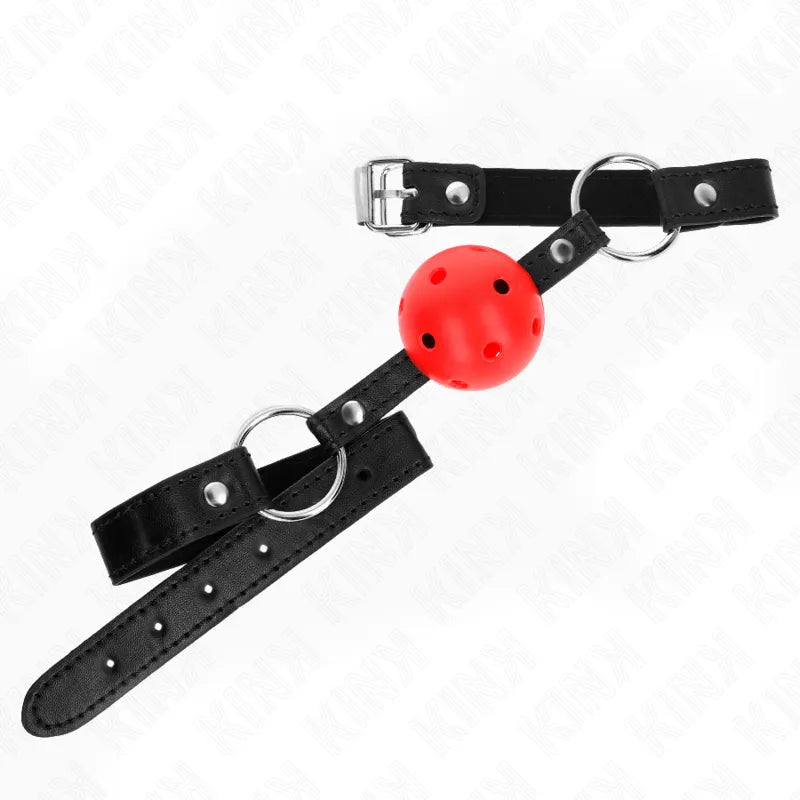 Gag BDSM en silicone rouge avec sangles noires ajustables, confort et sécurité, idéal pour débutants et experts.