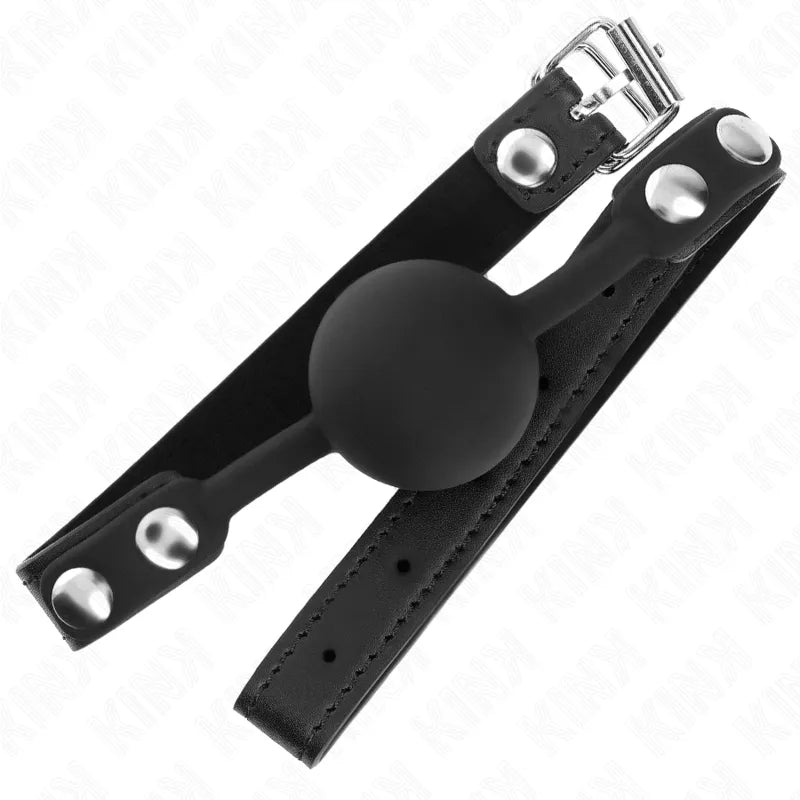 Gag BDSM en silicone noir ajustable avec bretelles robustes et boucle métallique, design ergonomique et élégant.