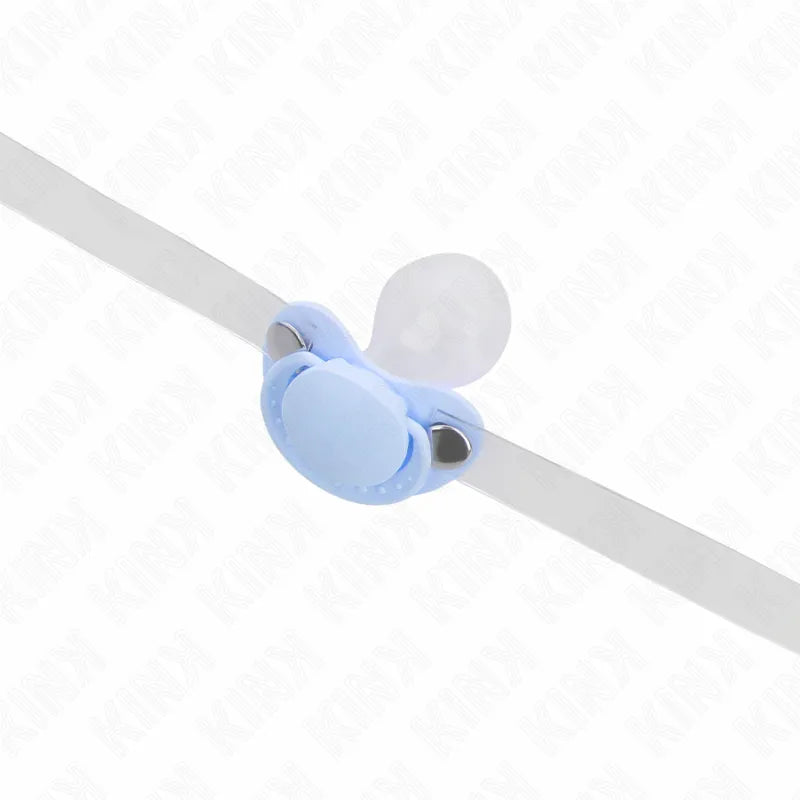 Baillon BDSM silicone bleu réglable, sangles grises, design confortable et sécuritaire pour sessions prolongées.
