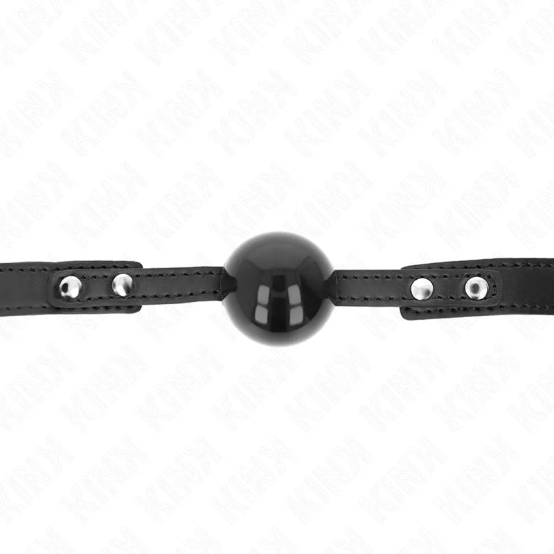 Gag BDSM en silicone noir, boule lisse avec sangles ajustables en cuir, hypoallergénique et ergonomique pour confort optimal.