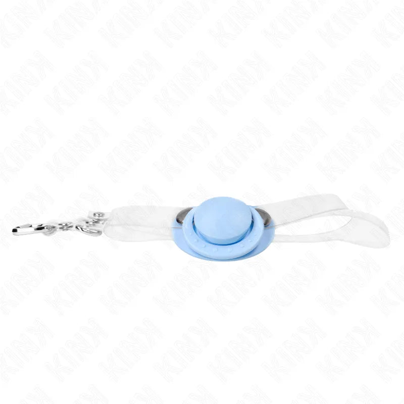 Gag BDSM en silicone bleu, réglable, avec sangles transparentes pour confort et sécurité, idéal pour sessions prolongées.