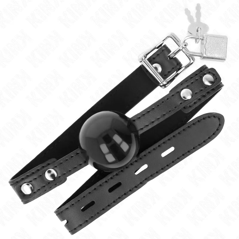 Gag BDSM en silicone noir avec sangle réglable en cuir, boucle métallique et design ergonomique pour confort et sécurité.