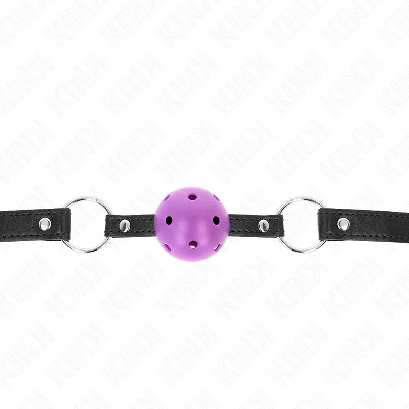 Bâillon BDSM silicone violet, sangles noires ajustables, anneaux métalliques, design ergonomique et confortable.