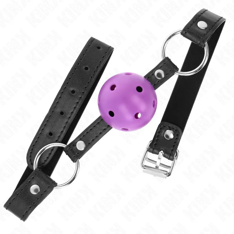 Bâillon BDSM silicone violet avec sangles noires ajustables, design ergonomique et hypoallergénique pour confort optimal.