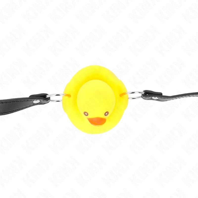 Gag BDSM ajustable en silicone jaune avec motif canard, attaches noires, doux et confortable, hypoallergénique.