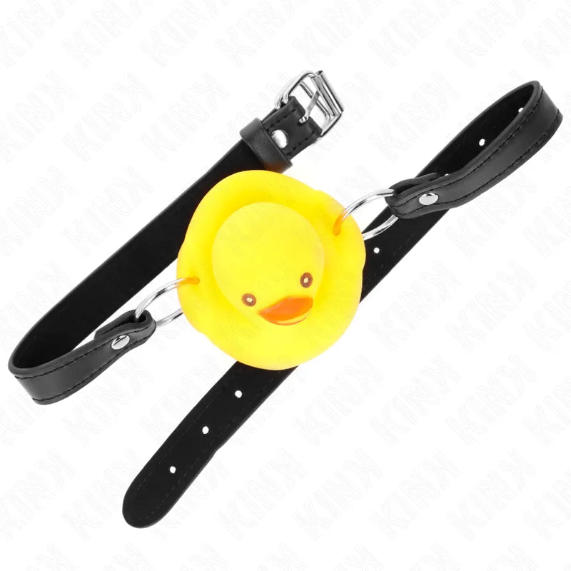 Gag BDSM silicone jaune canard, ajustable, avec sangle noire en cuir, boucle métallique, design discret et ergonomique.