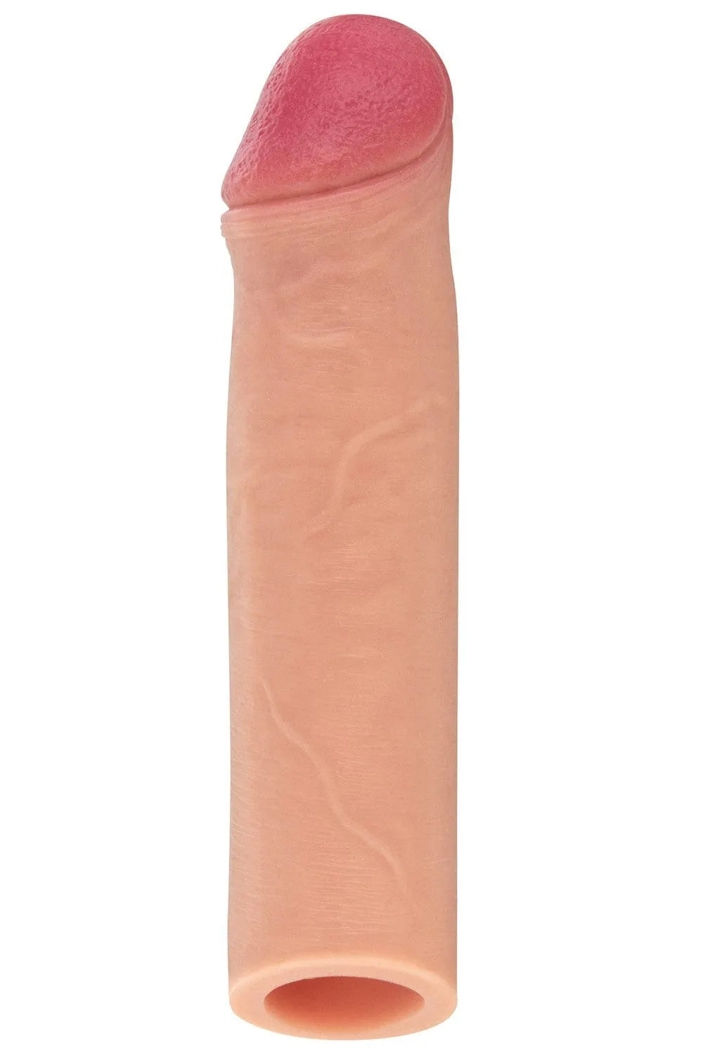Gaine extension pénis silicone réaliste beige, 175mm, veines texturées, gland rose, souple, sans phtalates.