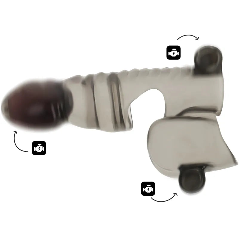 Gaine pénis vibrante extensible grise avec trois balles vibrantes, texture douce, sans parabens ni phtalates.