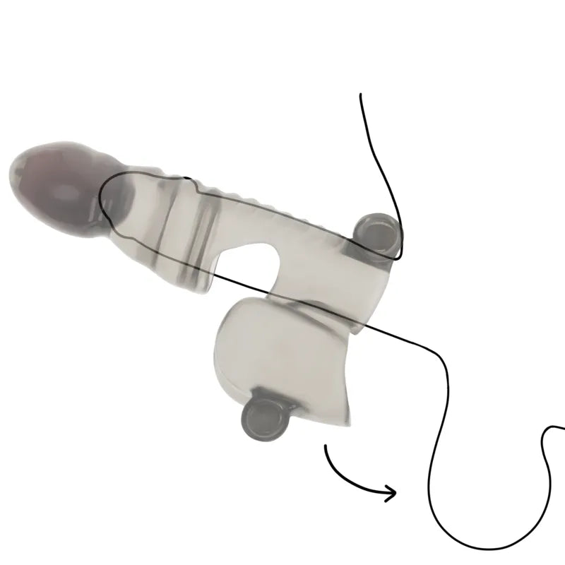 Gaine pénis vibrante translucide, texture douce, trois balles vibrantes, sans parabens ni phtalates, stimulation intense.