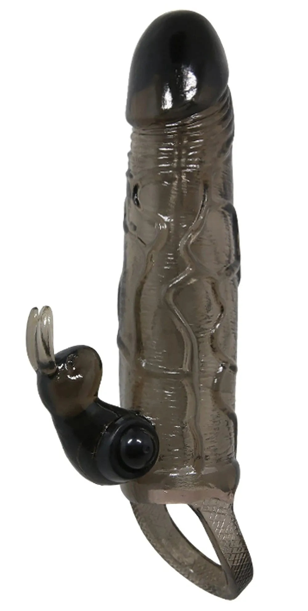 Gaine pénis vibrante noire, stimulation gland et clitoris, ergot anal, taille réglable, vibrations ajustables.