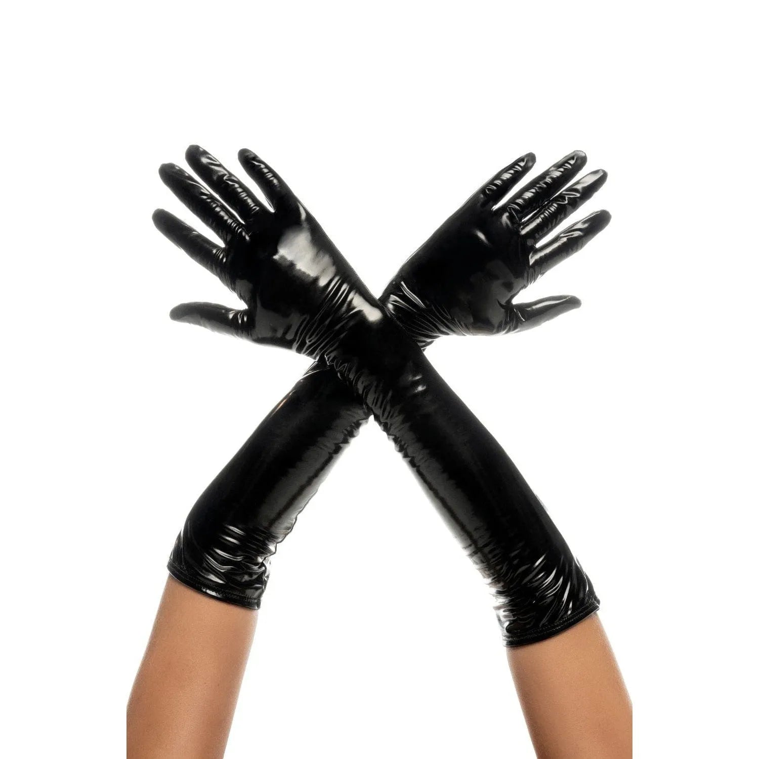 Gants vinyle noirs ajustables, longs, brillants, avec cordon serrage, confortables et protecteurs pour usage professionnel.