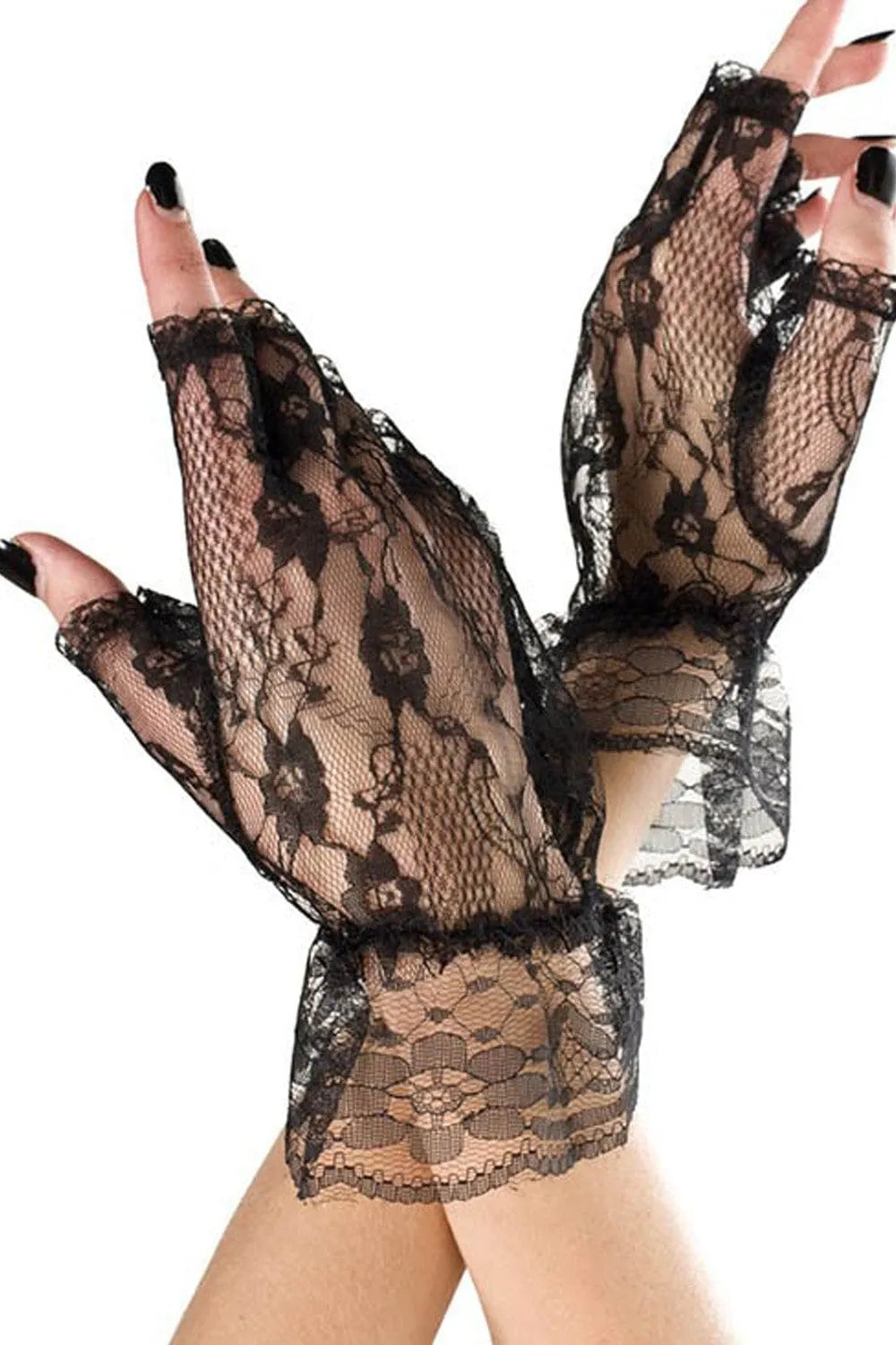 gants mitaines dentelle noire florale délicate résille doigts ouverts volants poignets féminine nylon extensible confortable séduisante soirée élégante