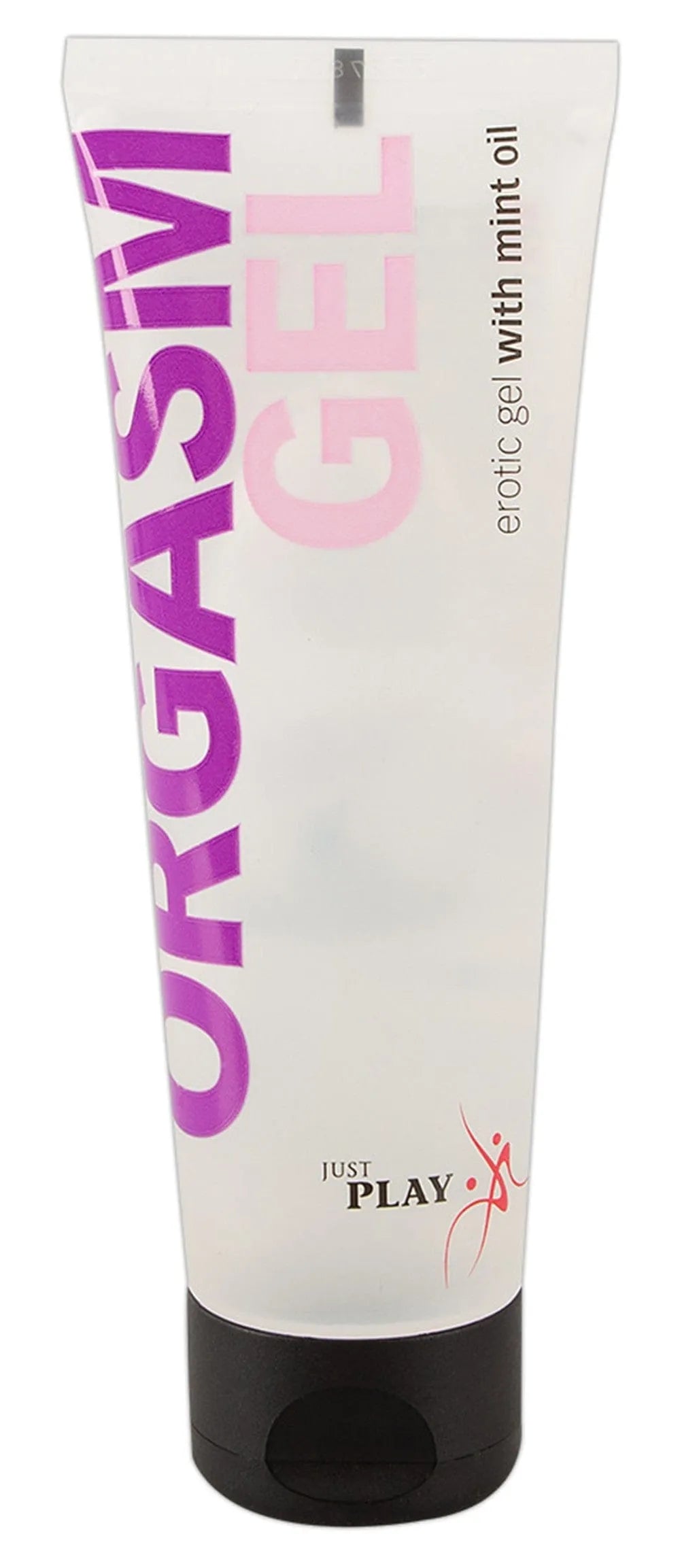 Gel clitoridien intensifiant mentholé dans un tube transparent avec bouchon noir, texte violet et rose.