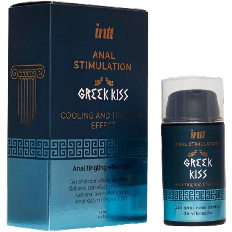 Gel anal mentholé vibrant 15ml, flacon pompe bleu, boîte design grec, stimulation et détente intime.