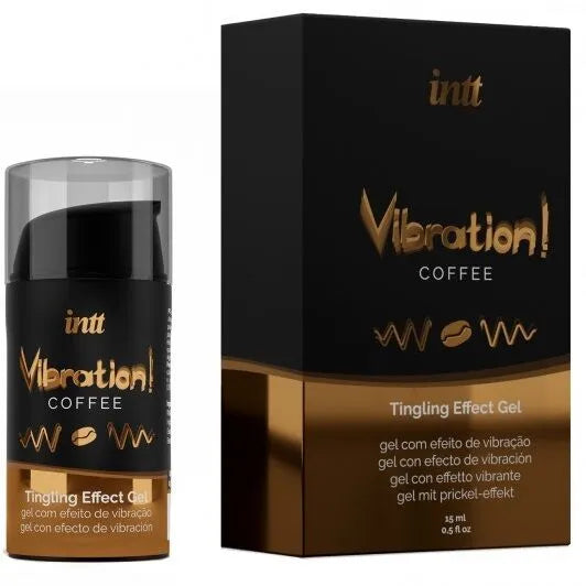 Flacon noir et or de gel massage café chauffant, 30ml, avec boîte assortie, pour moments intimes et stimulation sensorielle.