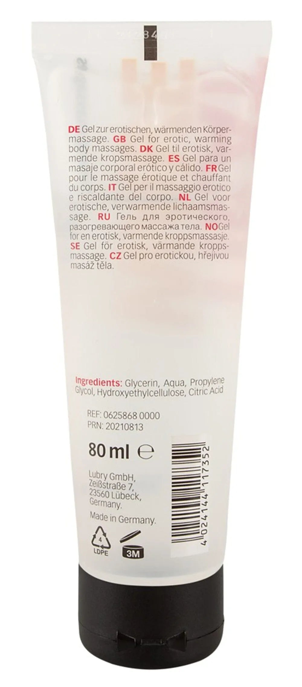 Tube de gel massage chauffant 80ml, transparent, bouchon noir, texte multilingue, idéal pour détente sensuelle et hydratat...