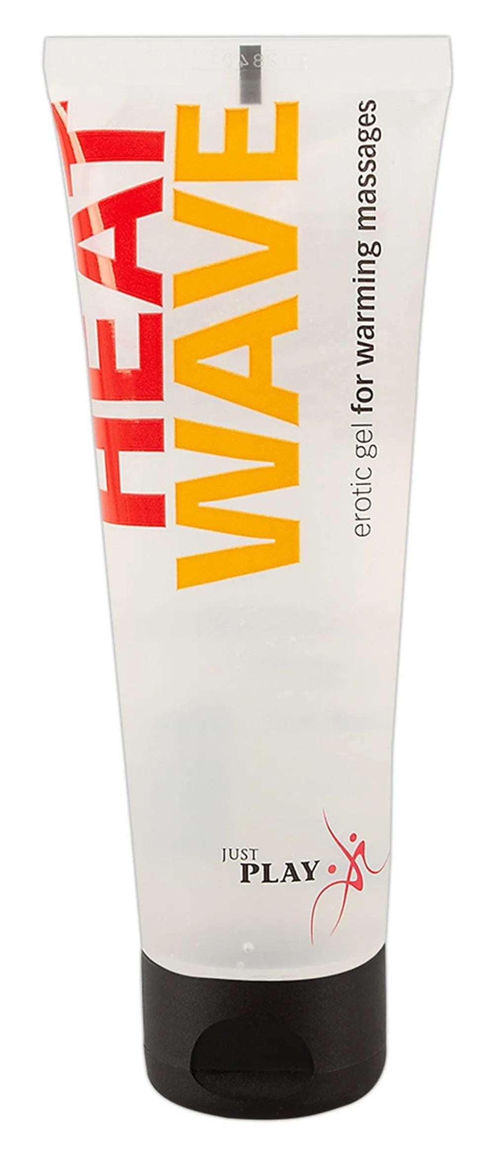 Gel massage chauffant 80ml, tube transparent avec bouchon noir, texte rouge et jaune, formule glycérine végétalienne.