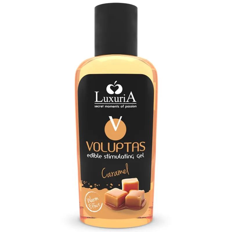 Gel massage comestible effet chauffant caramel gourmand hydratant enrichi extraits naturels compatible latex préservatif testé dermatologiquement sensuel aphrodisiaque
