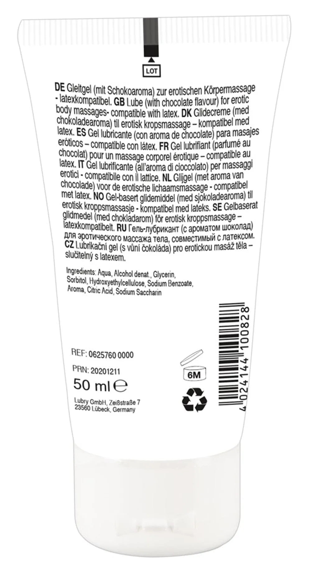 Gel massage lubrifiant 50ml, tube blanc, texte noir, goût chocolat blanc, texture soyeuse, comestible, végétalien.