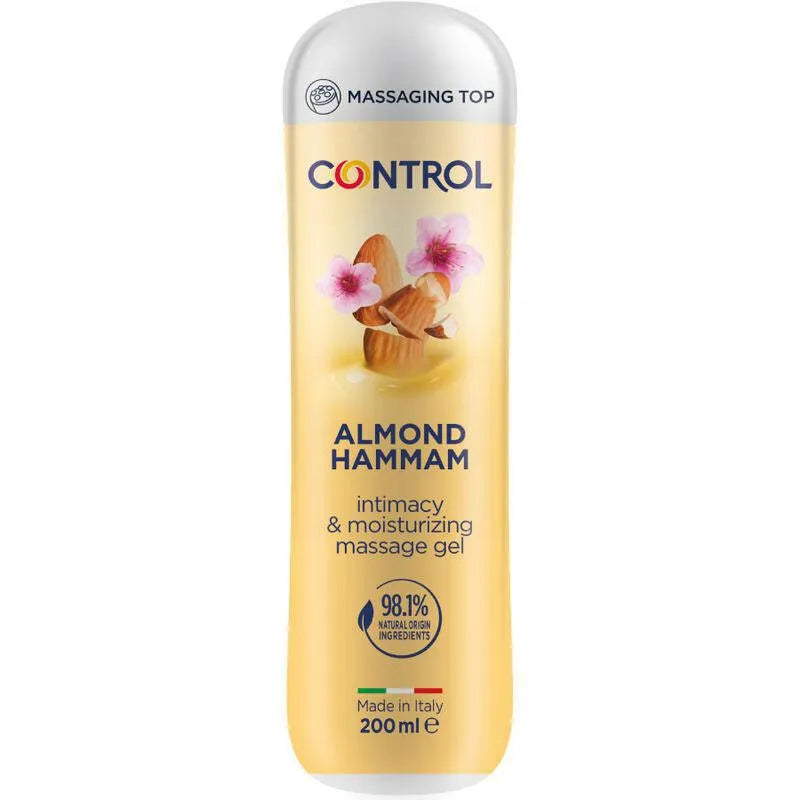 Gel massage hydratant lait d'amande, flacon beige 200ml, fleurs roses, 98% naturel, relaxation sensorielle.
