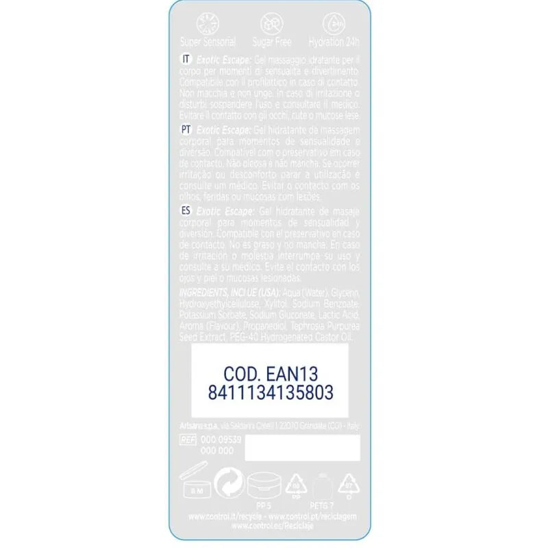 Gel massage hydratant sans paraben, flacon transparent, texte bleu, texture non grasse, hypoallergénique, exotique.