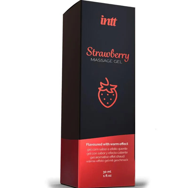 Gel de massage intime fraise chauffant, flacon noir et rouge, 30 ml, arôme sucré, effet chauffant, moments intimes.