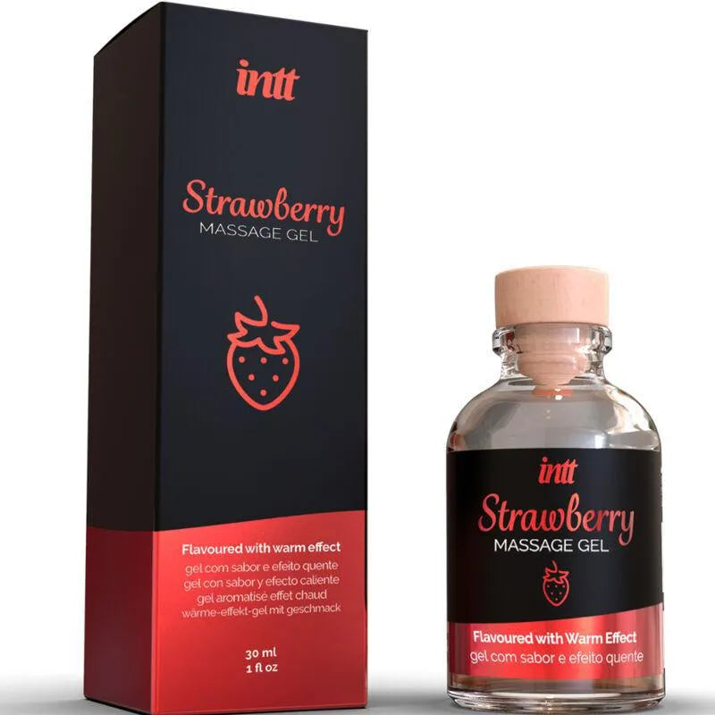 Gel massage intime fraise, flacon transparent 30ml, packaging noir et rouge, effet chauffant, arôme sucré.