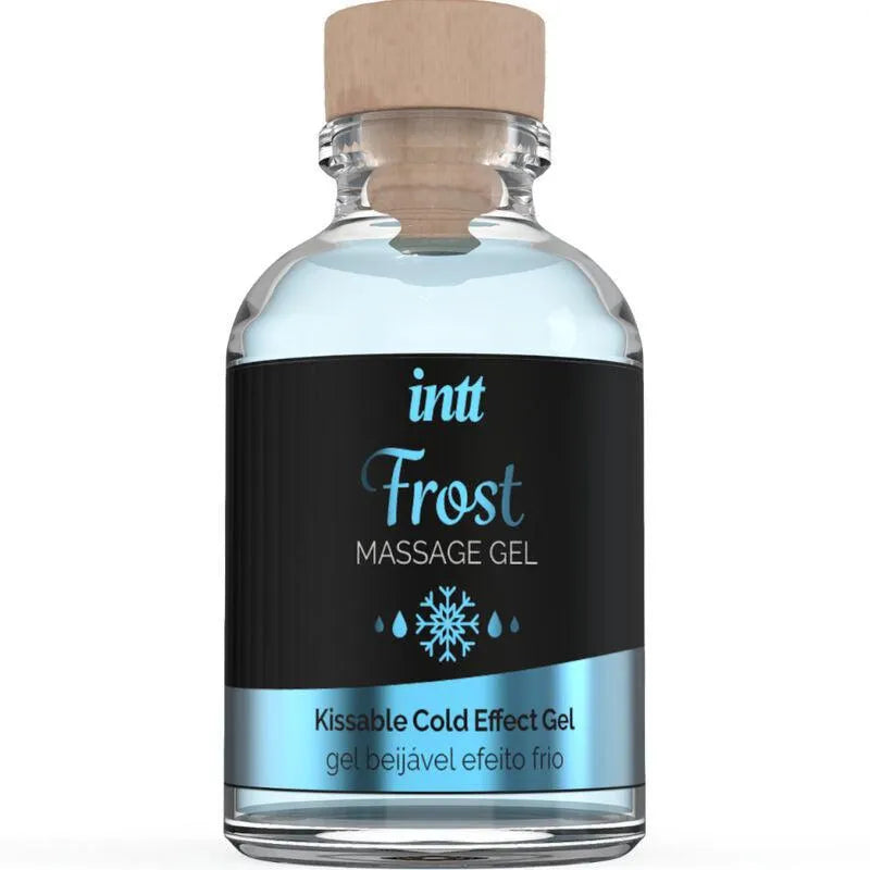 Gel massage intime menthe rafraîchissant, flacon transparent 30ml, bouchon bois, étiquette noire et bleue, effet glacé.